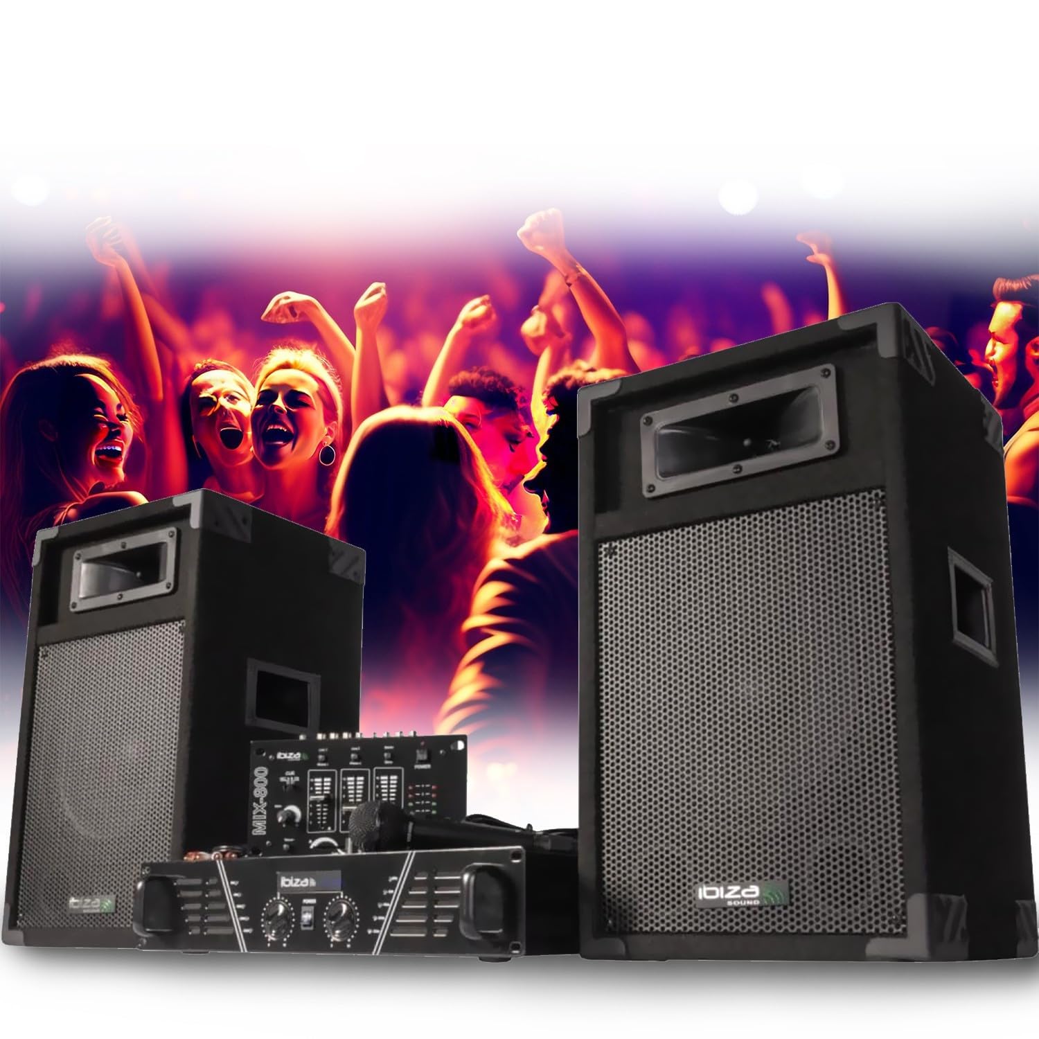 Pack SONORISATION Complet Disco 480W Ibiza Sound DJ300 Ampli - Table de mixage - Enceintes - Micro, Jeu Lumière OVNI Strobe LED