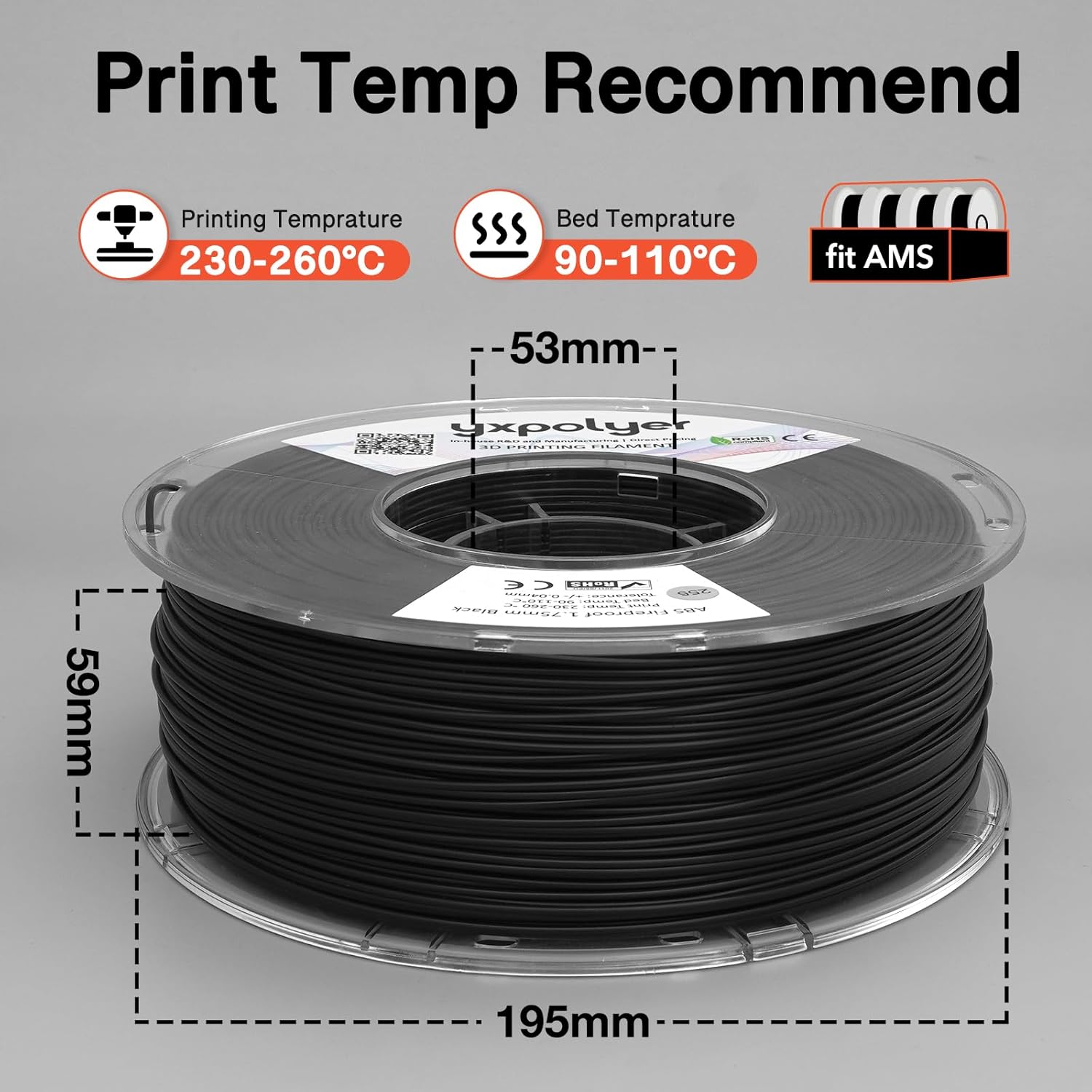 yxpolyer ABS Filament Flame Retardant UL94 V0 Fireproof FR-ABS 1kg 1.75mm Modified Fire Resistant 3D Printing Filament AMS-Compatible Engineering Grade