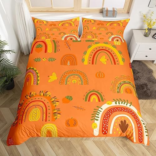 Erosebridal Juego de ropa de cama de arcoíris tamaño individual para niñas, funda de edredón de calabazas de otoño para niños y adultos, temporada