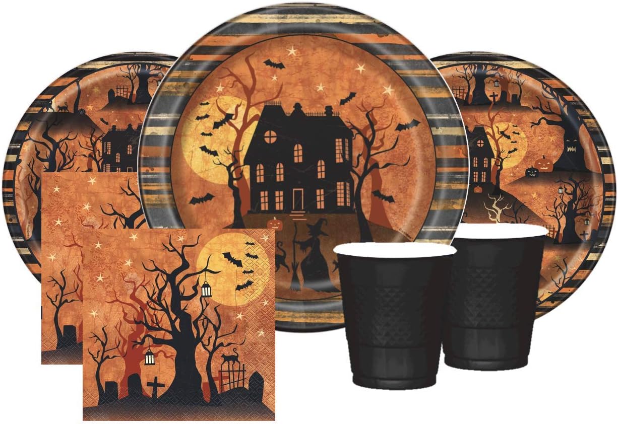 FAKKOS Design Halloween Party Supplies Paper Plates, Dessert Appetizer Plates Napkins Cups for Large Parties 20 People Haunted House Theme
