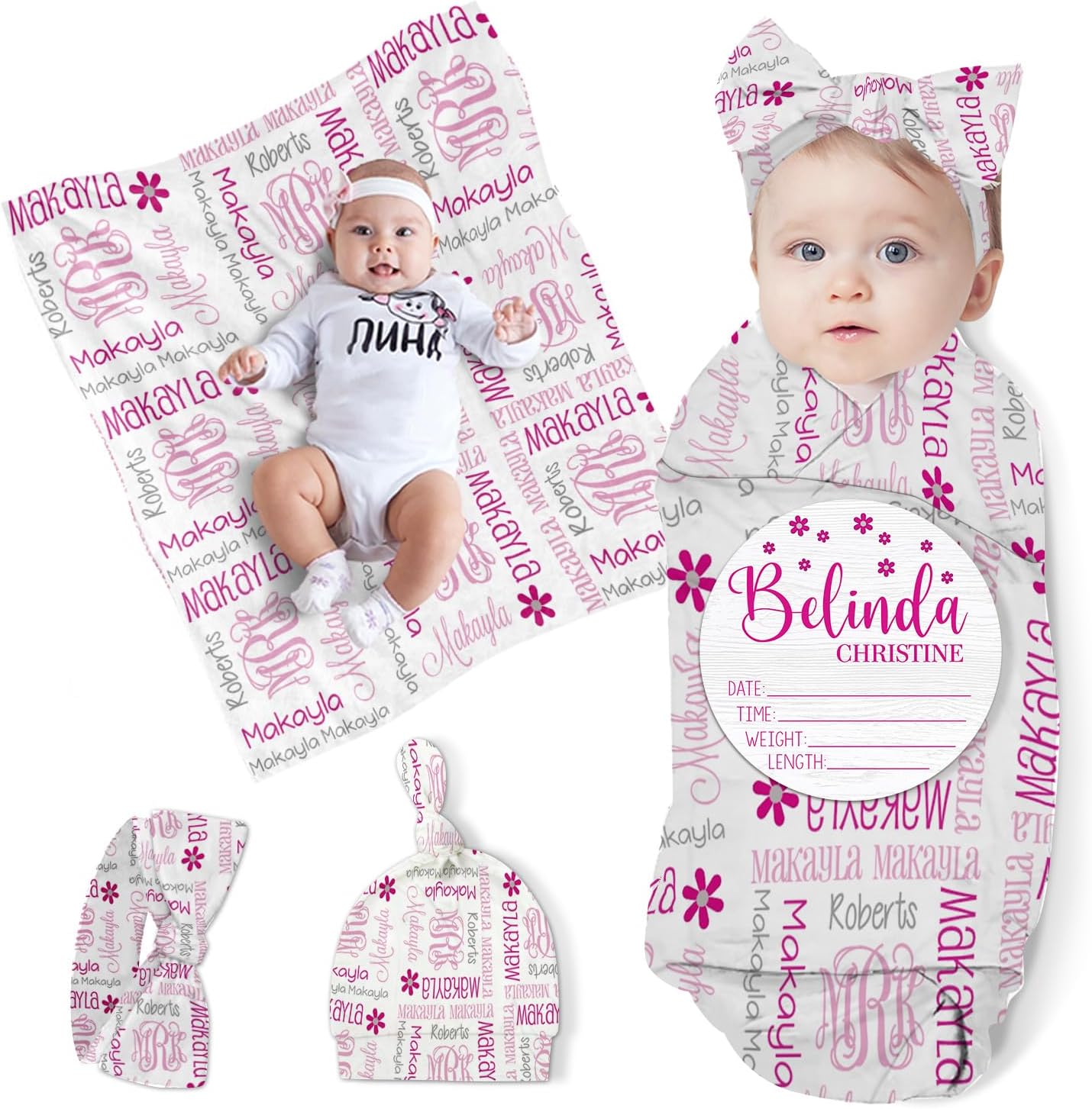 Custom Baby Swaddle Set - Muslin Swaddle Blanket Hat Headband for Infant Baby Girl Personalized Swaddle Blanket Newborn Gift Pink Letter(Fixed Size)