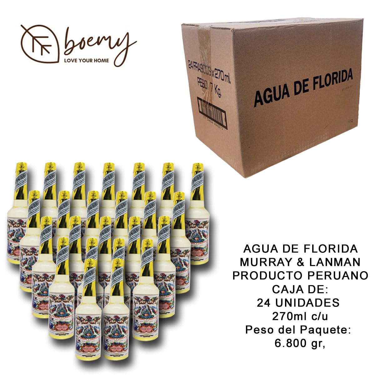 Caja de Agua de Florida 24 unidades | Caja de 24 unidades de 270 ml cada botella de Agua de Florida.