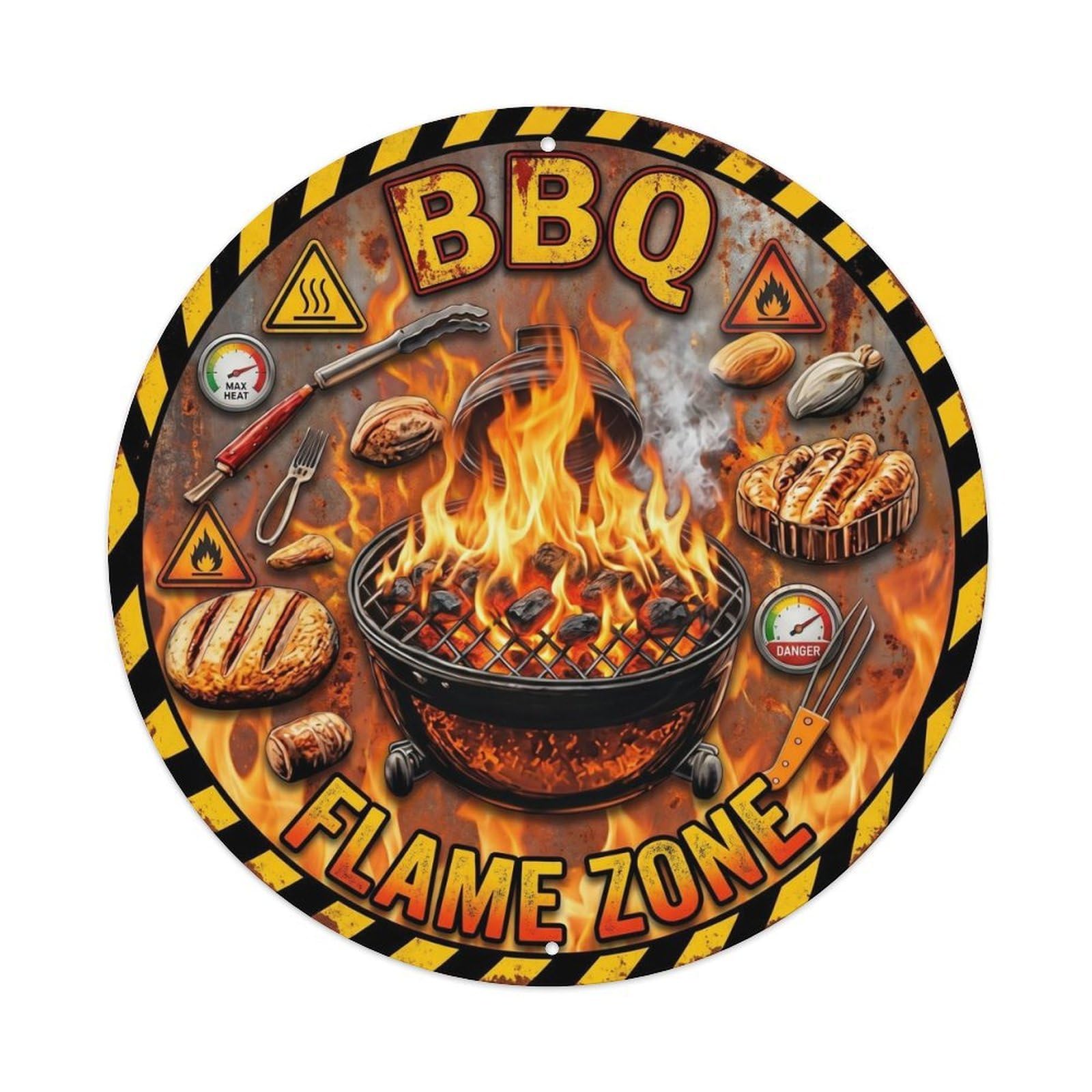 BBQ Barbecue Flame Zone Vintage Metal Tin Sign Plaque Wall Decor for Cafe, Club, Garden Round Metal Poster 8x8Inch
