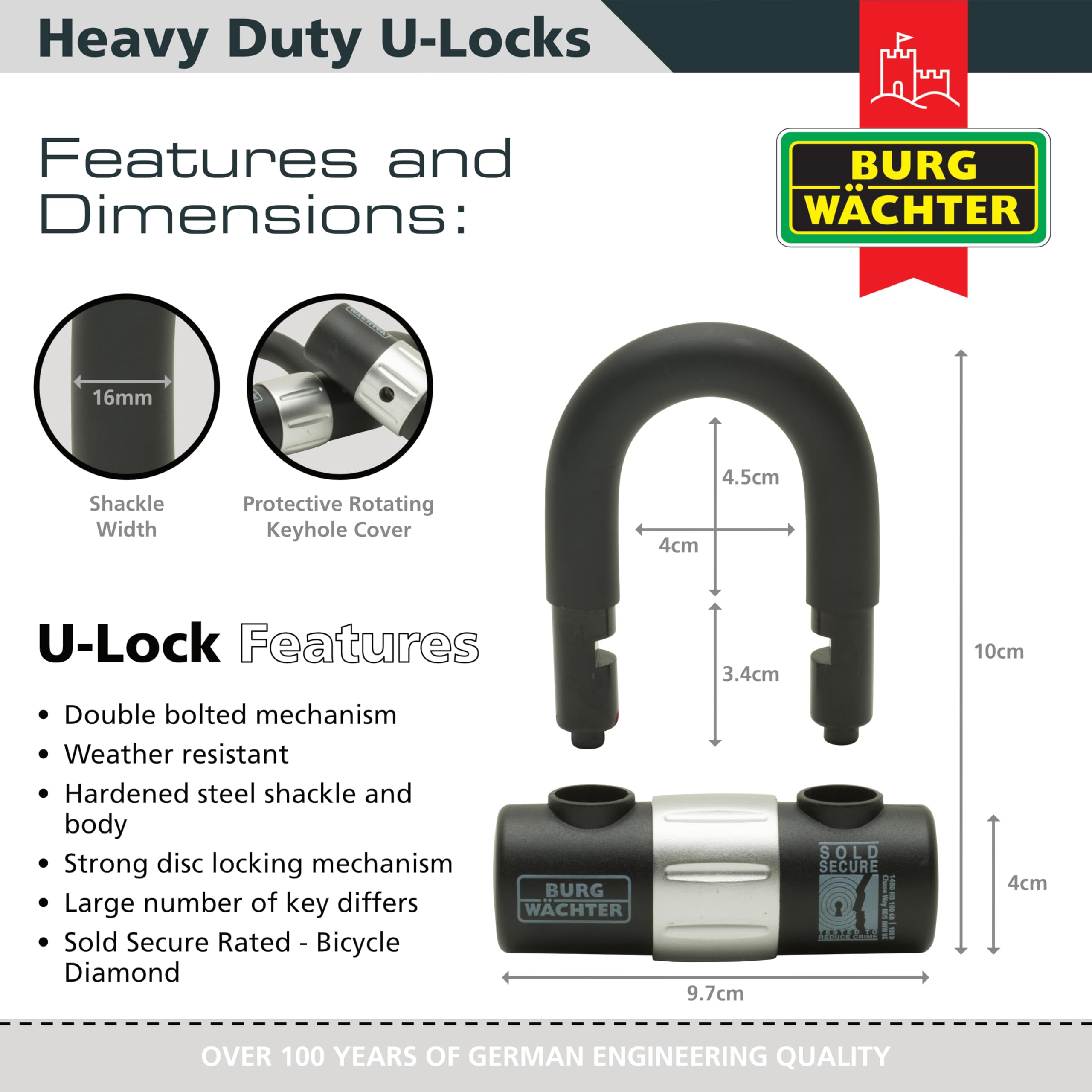 Burg Wächter 100D Quadra Sold Secure Gold Keyed Alike U Lock Quad Pack, Black, Quad Keyed Alike U Locks - Image 2