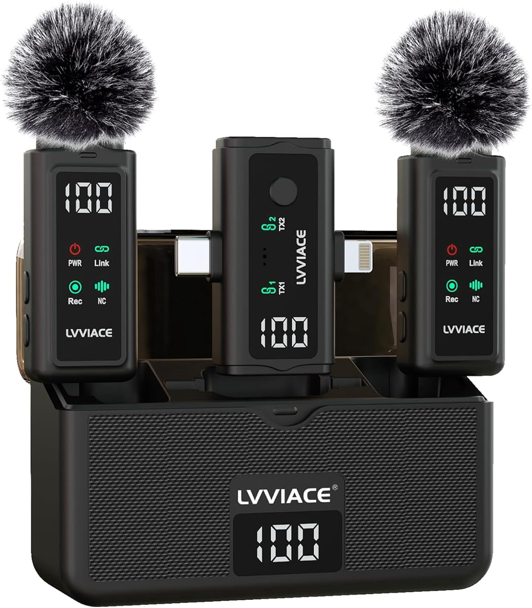 3-in-1-Lavalier Mikrofon für iPhone, Android, Kamera,kabelloses Lavaliermikrofon, Geräuschunterdrückung mit 45-Stunden-Sender, Digitalanzeige, Ladeetui für Videoaufnahmen, Streaming