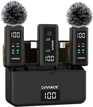 3 in 1 Wireless Microphone for iPhone, Android, Camera,Wireless Lavalier Microphone, Noise Cancellation with 45 Hours Transmitter Digital Display Charging Case for Video Recording, Streaming
