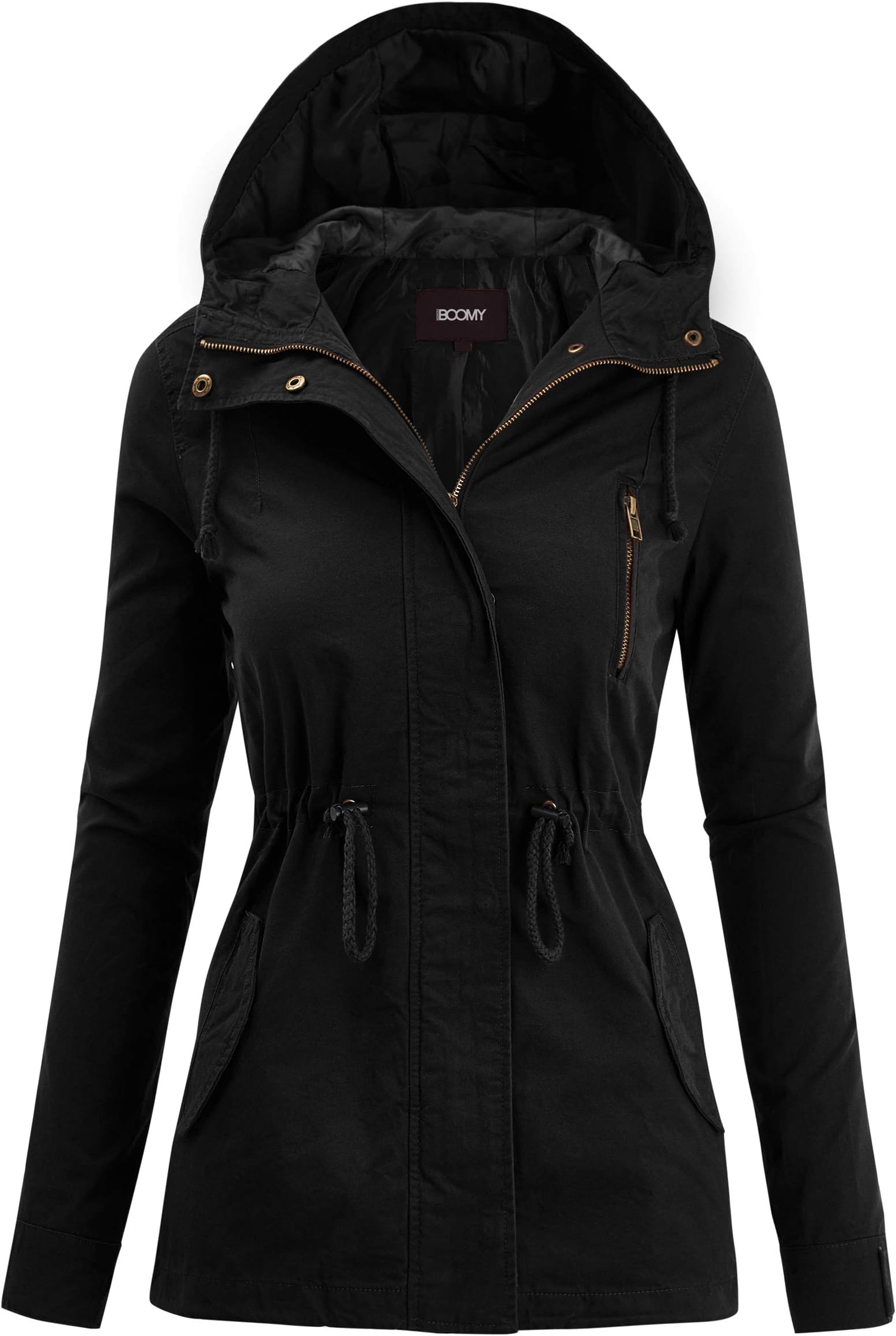 FASHION BOOMY Women's Zip Up Safari Military Anorak Jacket with Hood Drawstring - Regular and Plus Sizes Medium Black Apparel