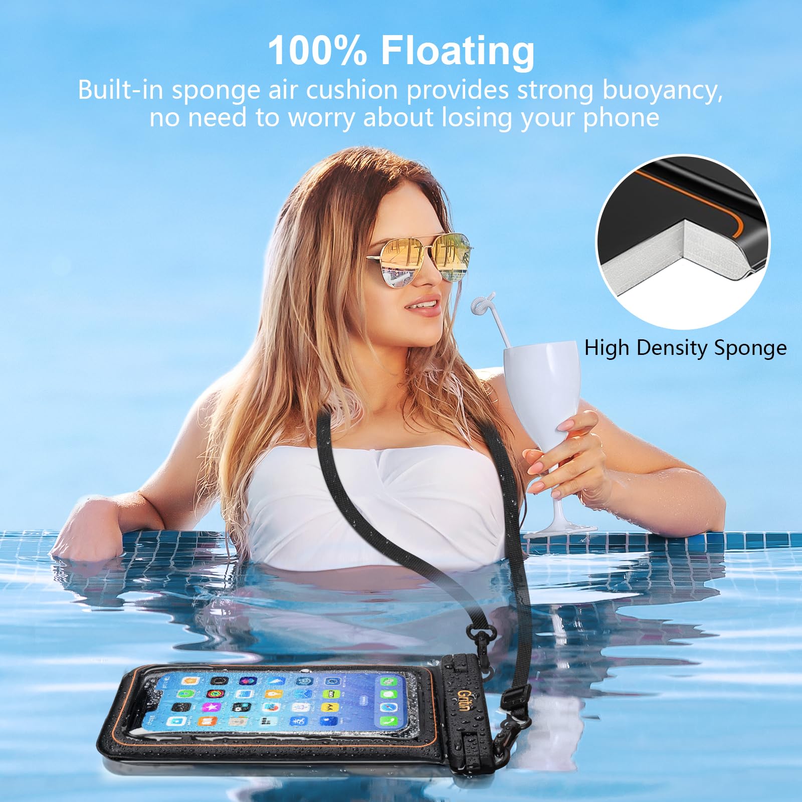 Gritin Custodia Impermeabile Smartphone, Universale IP68 Galleggiante Cover Subacquea Custodia Subacquea Smartphone Compatibile con iPhone 15 Pro Max/15 Pro/15/14/13/12,Galaxy, Mate, Fino a 7.2"