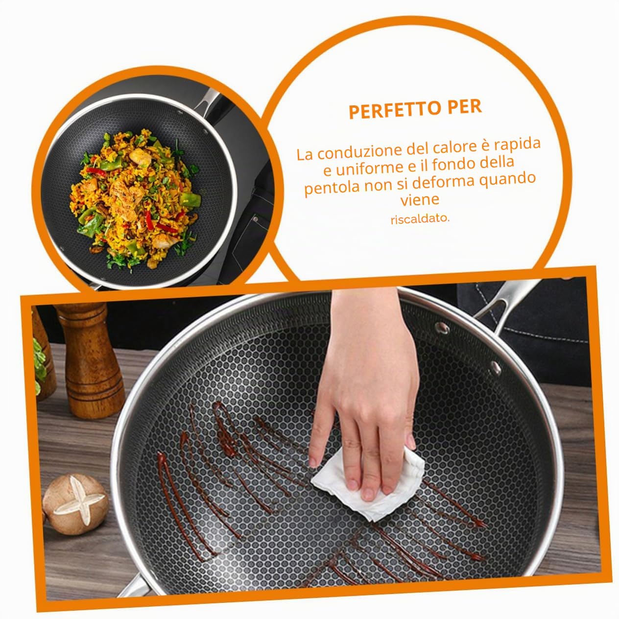 Ciieeo Padella wok a nido d'ape in acciaio inox a doppia maniglia con fondo piatto per a gas e induzione accessorio da cucina pentola antiaderente