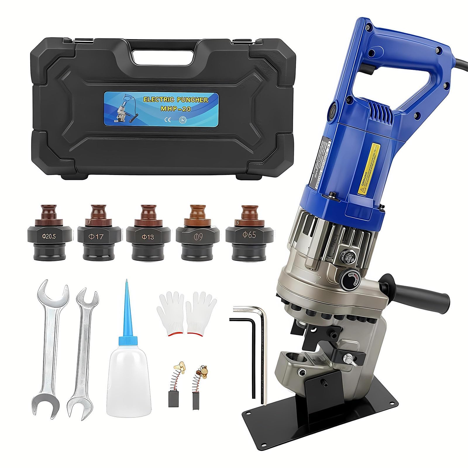 Outil De Poinçonnage Hydraulique électrique Mhp-20 1300w, Perforatrice Manuelle avec 5 Matrices, pour Acier, Fer, Aluminium, Cuivre Et Cornières
