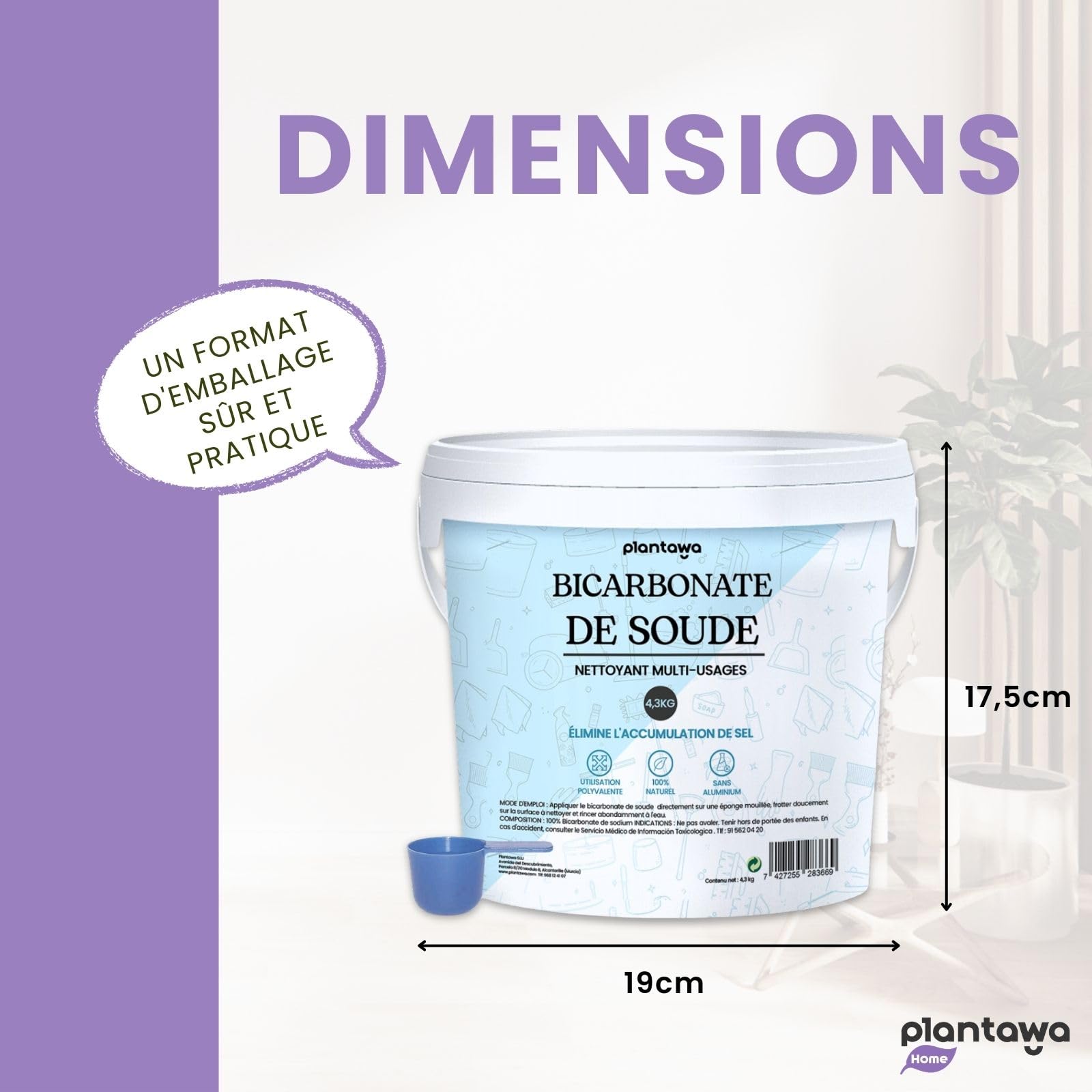 PLANTAWA Bicarbonate de Soude Ménager 4,3kg | Bicarbonate de Soude Multi-Usages | Détachant, Blanchissant et Élimine Odeurs et Graisse | Origine Naturelle et Pure