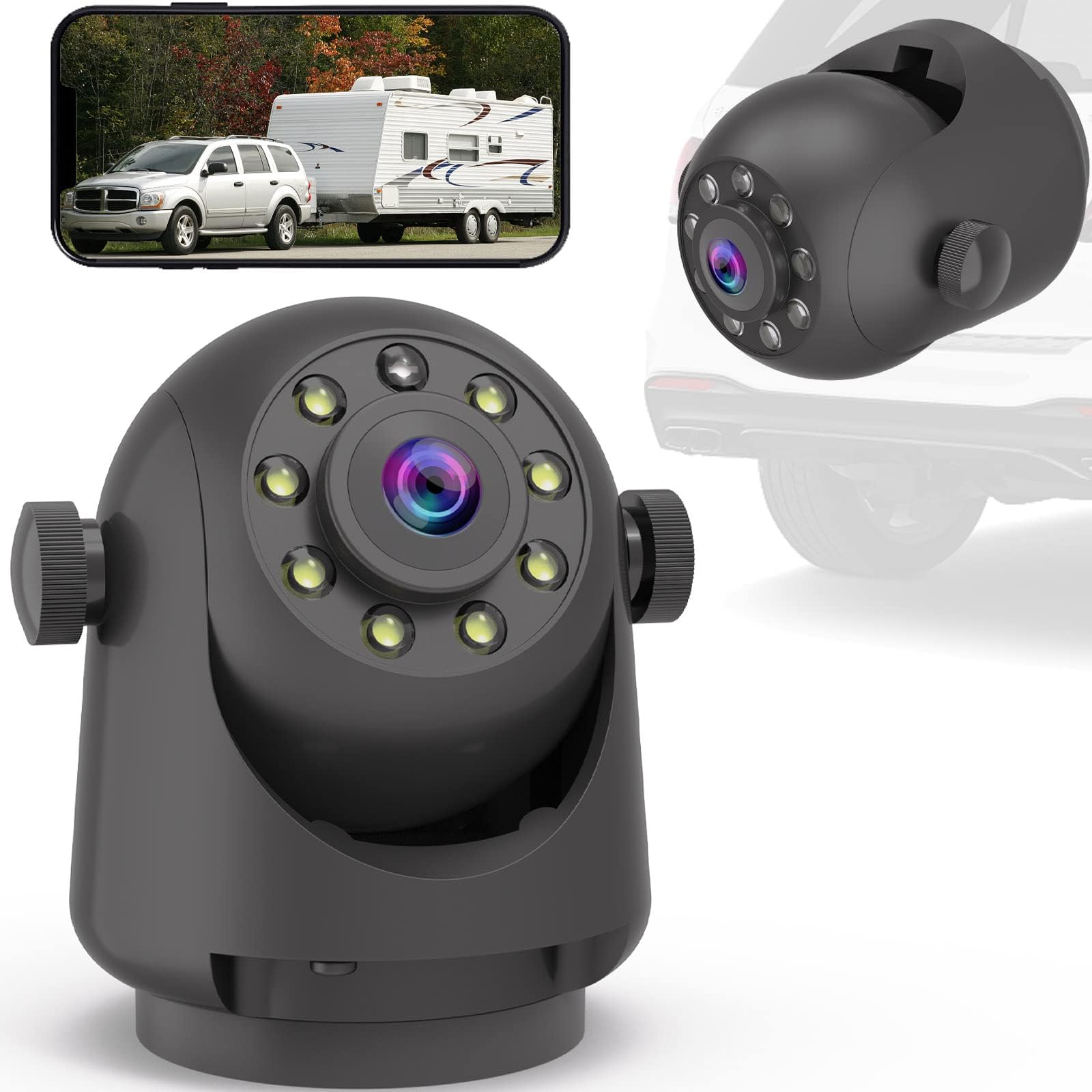 WiFi Magnetic Hitch caméra de recul sans fil à vision nocturne, batterie rechargeable, adaptée pour iPhone Android, facile à monter bras cou de cygne bateau voyage remorque RV