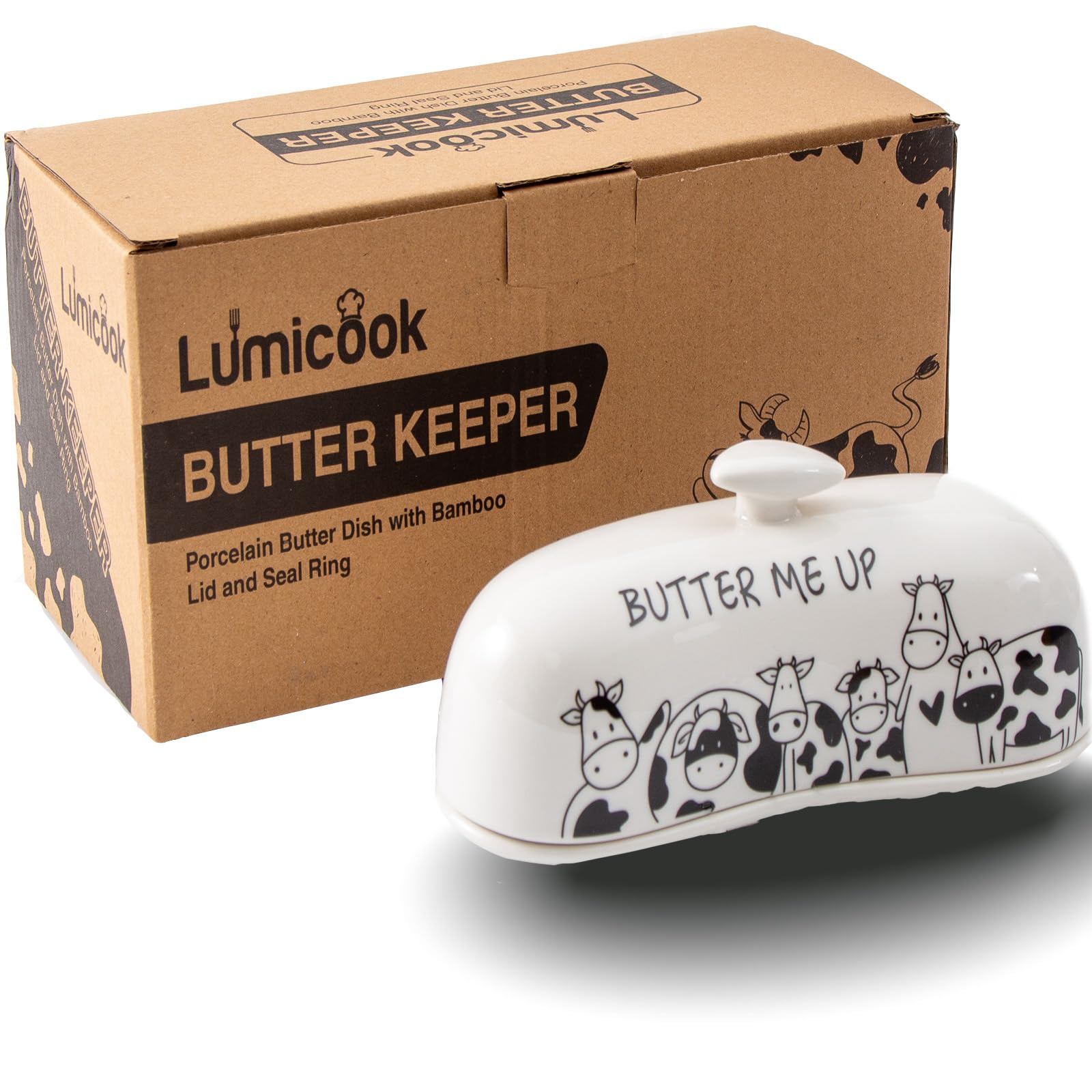 Butter Dish with Lid, Butter Dish with Lid for Countertop, White Butter Keeper Holds Up to 2 Sticks - Butter Holder and Container (Black butter me up, Large)