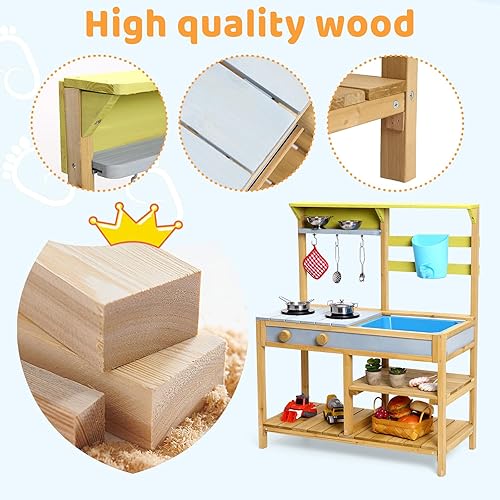 Miniatura 6 de GarveeLife Cocina de juego de madera, cocina de barro para niños al aire libre con estufa, perilla giratoria, caja de agua y grifo fregadero