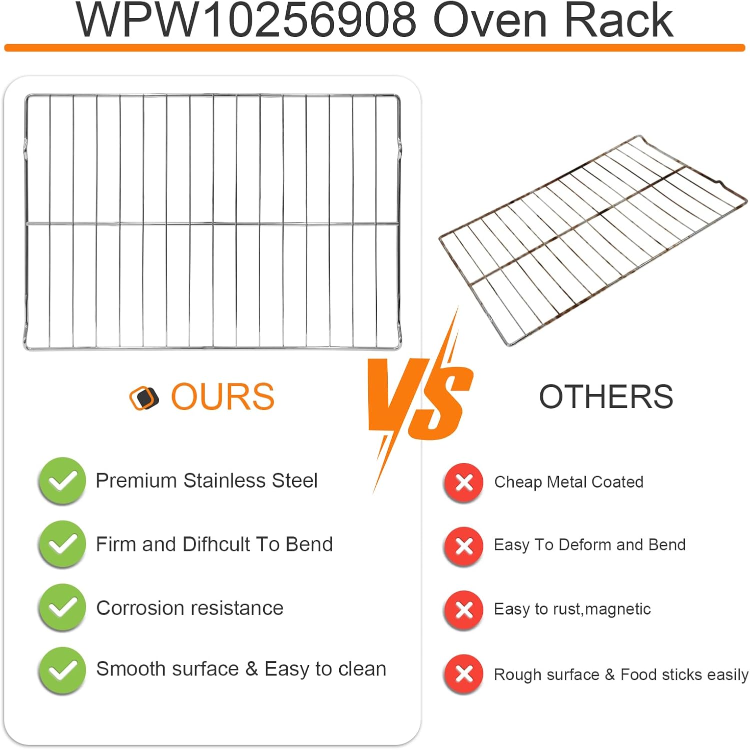 Oven parts and accessories W10256908 Fits for Whirlpool Range Oven Rack AP6017994 PS11751295 W10138079 W10179196 replacement 304 Stainless Steel Oven Wire Rack (24"x 15.7")