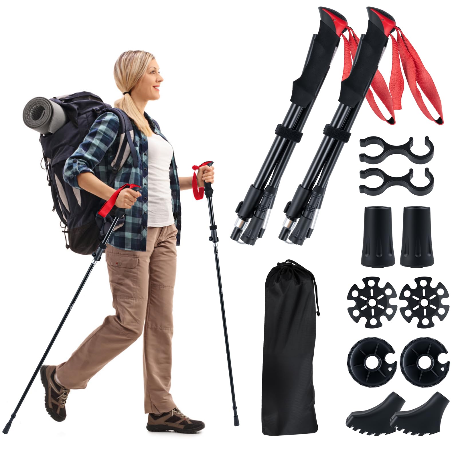 COSTWAY Bastones de Senderismo Plegables, Bastones Trekking de Aleación de Aluminio, Marcha Nordica, Ajustable 115-130CM, Mango de EVA, Correa Ajustable, Accesorios Todoterreno