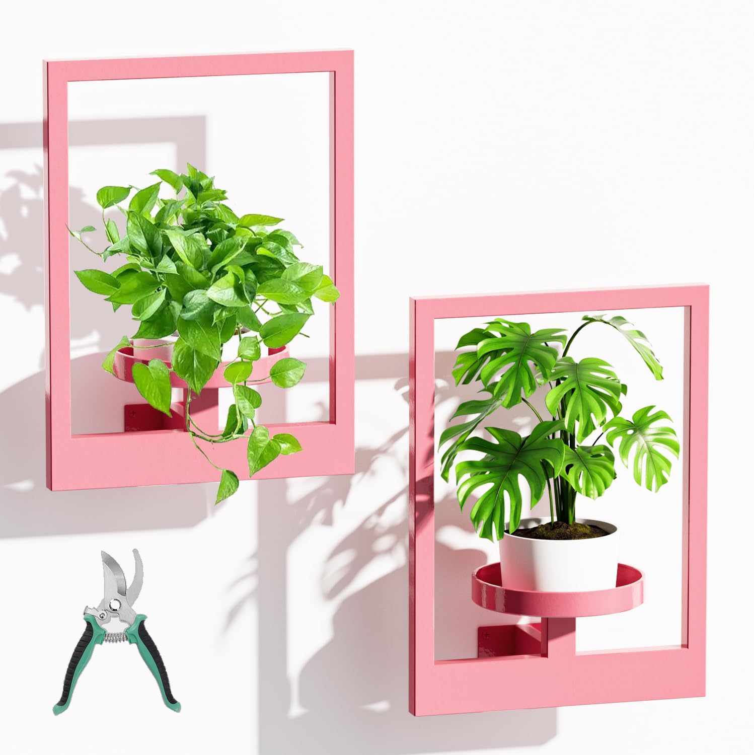 Wall Shelves for Plants, Hanging Frame Decor Planter for Indoor Plants, Wall Plant Holder for Living Room/Entryway/Garden Flower Pot Holder Free Garden Shears (Square-Pink, 2pcs)