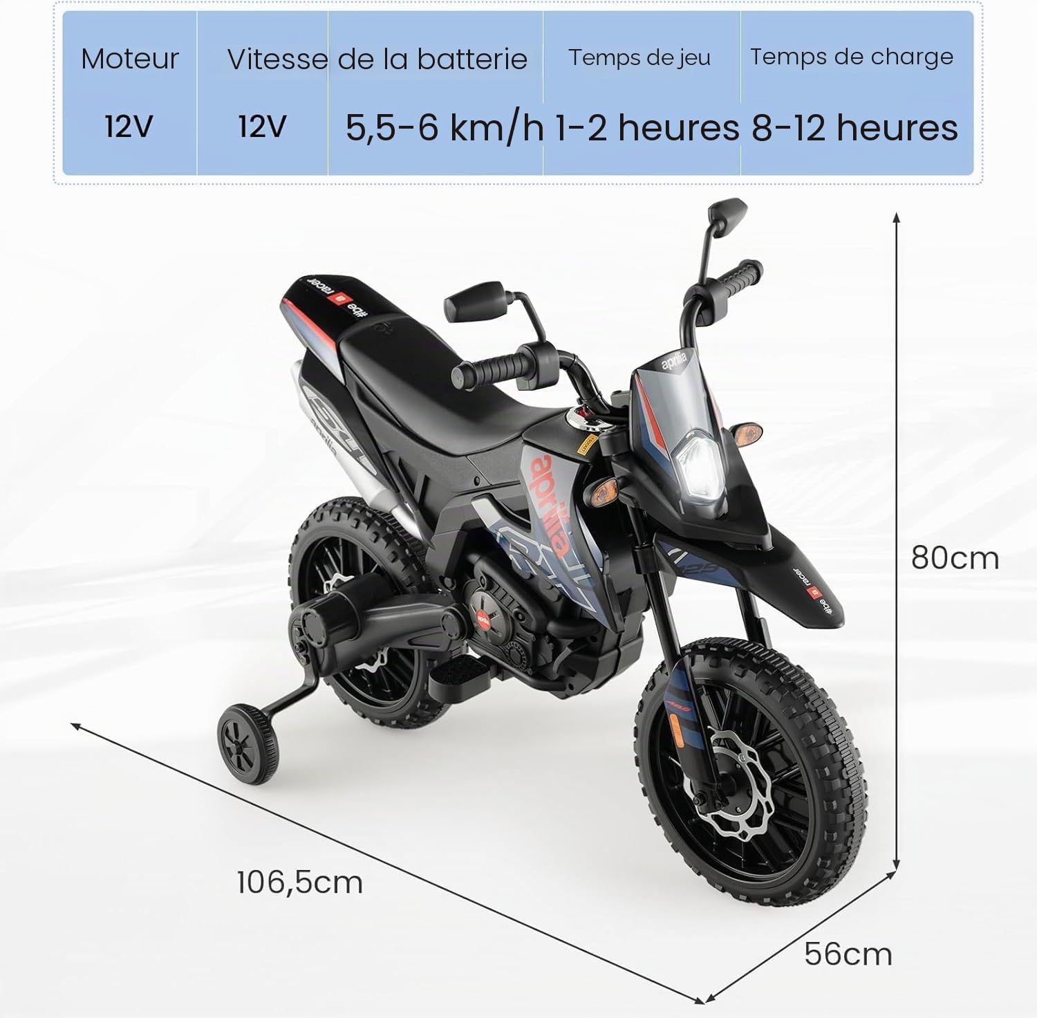 FANTASK Aprilia Moto électrique pour Enfant de 3 à 8 Ans 12 V 5,5 à 6 km/h avec Roues stabilisatrices, Musique et phares, Moto Bleue et Noire