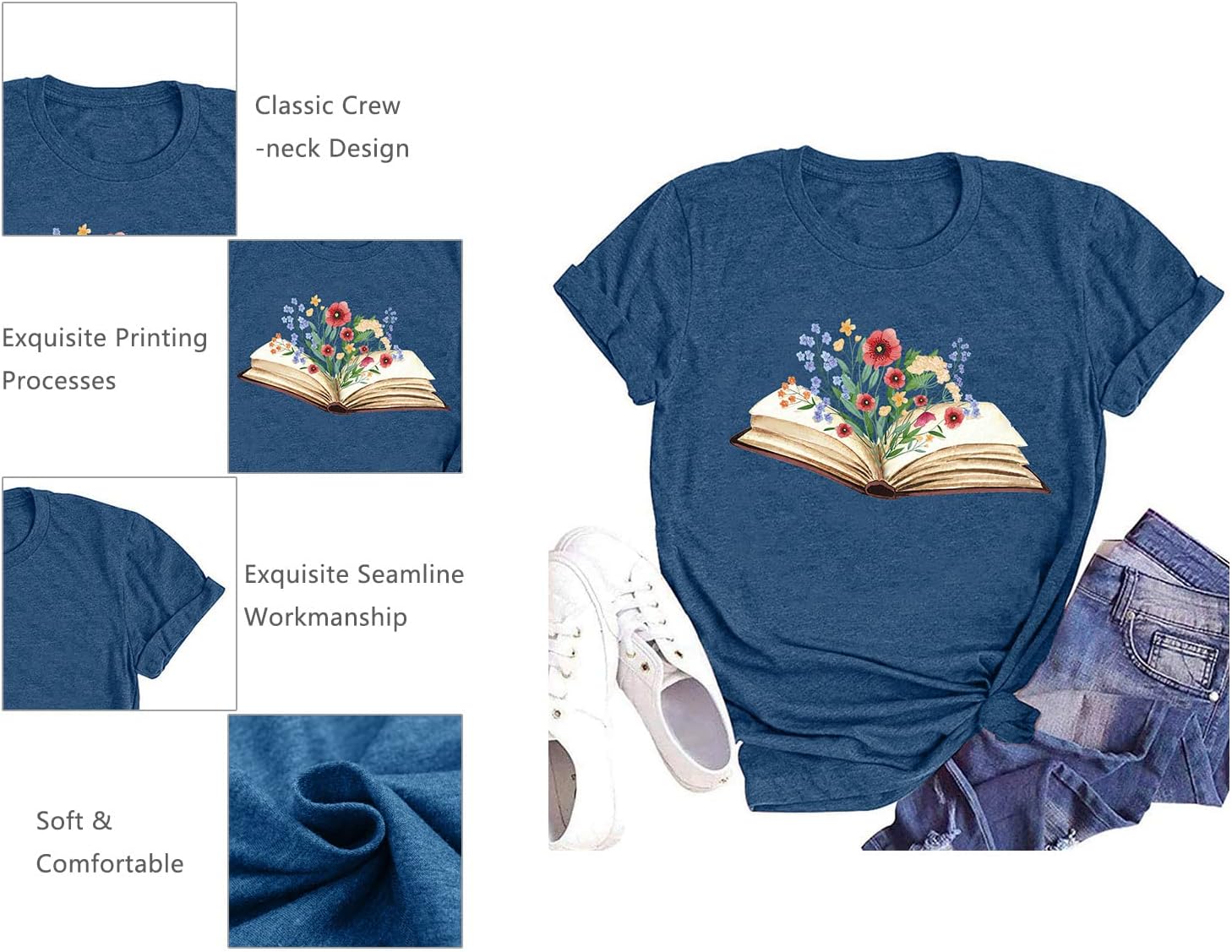 Book Lover Shirts Women Teacher T Shirt Funny Wildflowers Book Reading Graphic Casual Teacher Gift Tops - Image 4