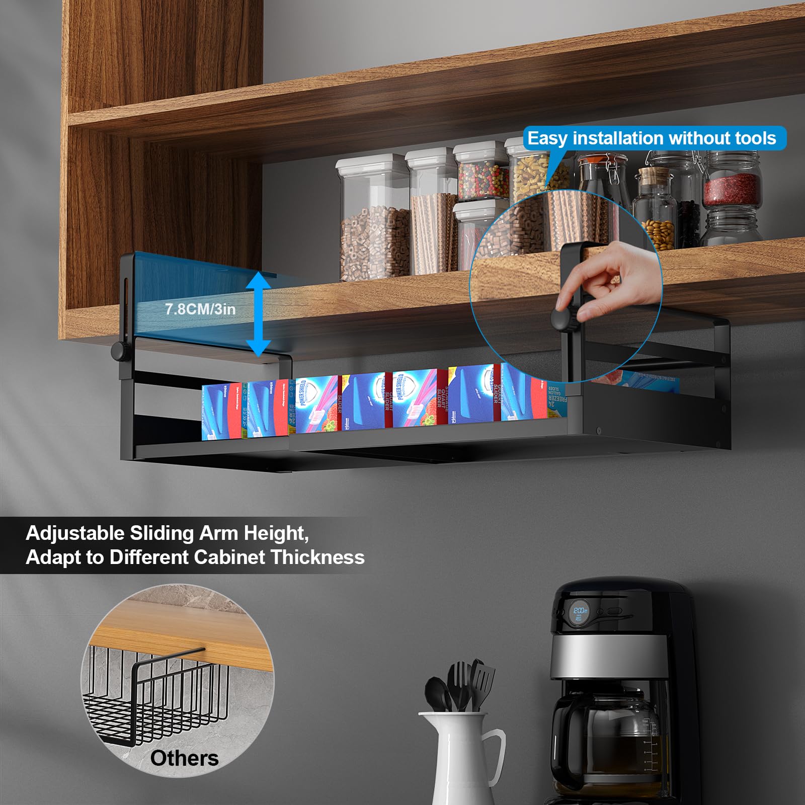 AmonHouseware Regalkorb-Organizer, verstellbar, unter dem Schrank, Hängeregal, Länge dehnbar, 33-53 cm, für Küche, Speisekammer, Schreibtisch, Theke, Bücherregal, Schrank, Schwarz, 2 Stück