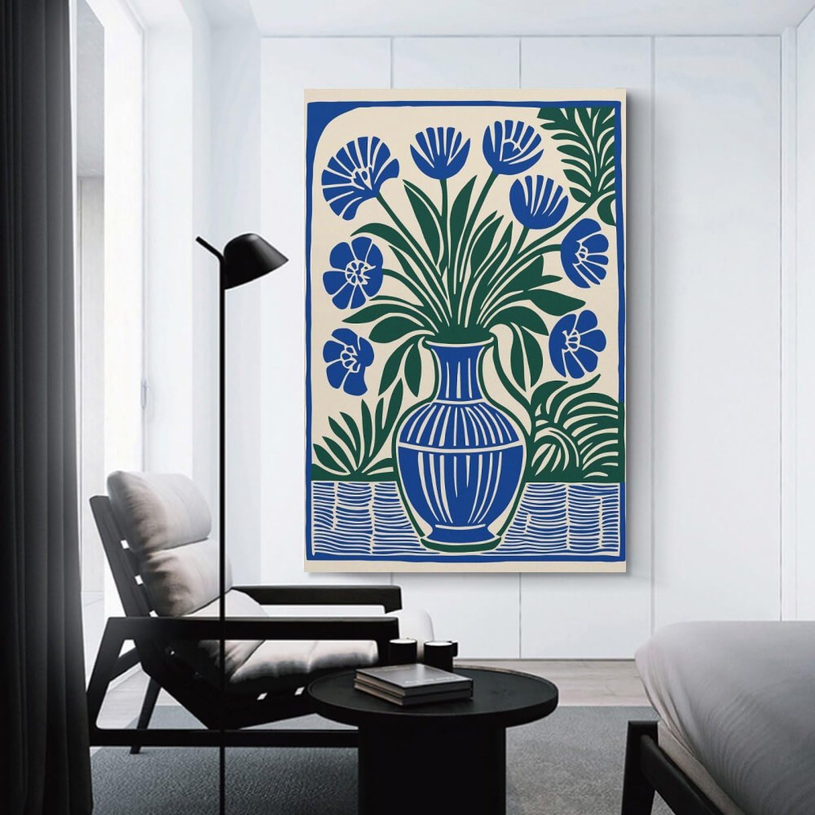 Junmoney Blue Flowers in Vase Still Life Decorative Wall Artwork 24x36inch(60x90cm), for Front Hall, Corridor Or Welcome Spaces, Decorative Wall Art for Narrow Spaces