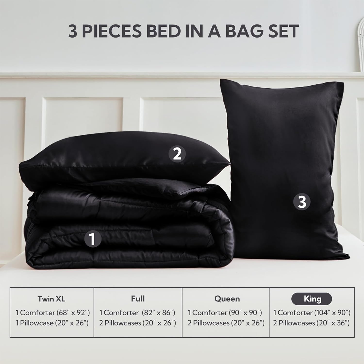 MR&HM King Size Comforter Set Black, Reversible Satin Microfiber Comforter Set for All Seasons, 3 Pieces Non-Slip Silky Soft Bedding Sets with 1 Comforter (104"x90") and 2 Pillowcases (20"x36") - Image 7