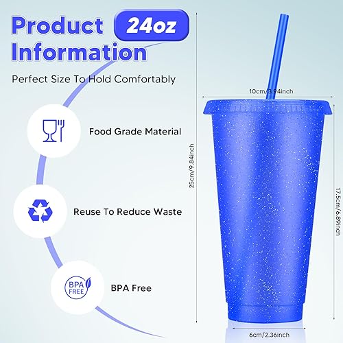 Vista 84 de Paquete de 24 vasos de plástico con tapas y popote, vasos reutilizables con tapas y pajillas, vasos coloridos para bebidas frías, café helado, vasos