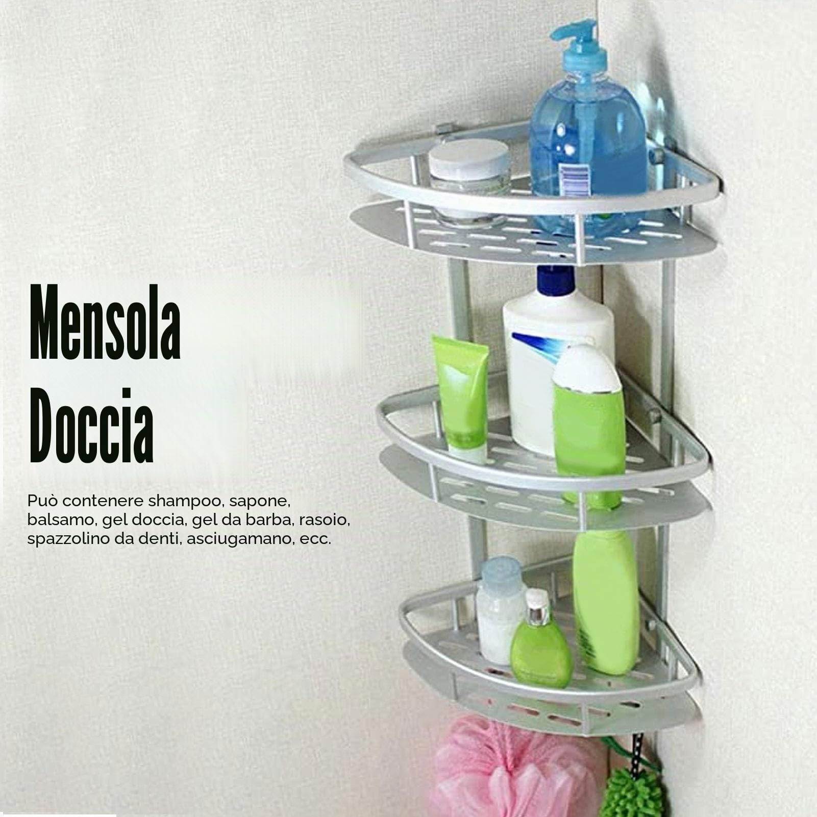 Mensola per Doccia Angolare da Bagno 3 Mensole, Mensola per Organizer da Bagno, Mensola per Doccia Ad Angolo con 3 Ganci, Mensole per Bagno in Alluminio a Parete Cestello Portaoggetti per Cucina, Bagn