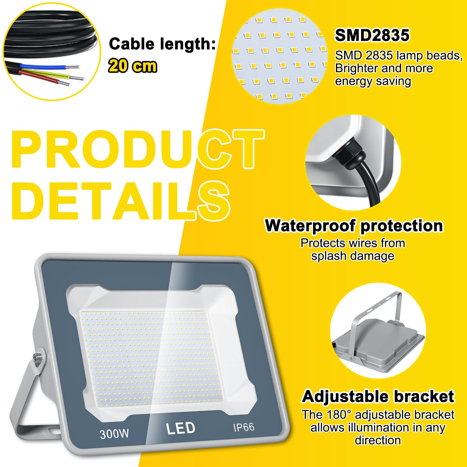 CREATESTAR Faretto Led da Esterno 300W, Faretti Led Esterni 6500K 30000LM luce bianca fredda, IP66 Impermeabile Faro Esterno per sportivo magazzino garage giardino parcheggio campo cortile 1 Pezzi
