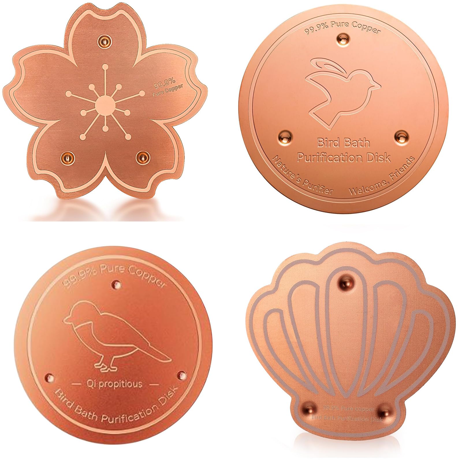AlloFuu Bird Bath Copper Disk, 99.99% Pure Copper Disc 4Pcs for Bird Bath Outside Birdbath Purification Disks Keeps Water Fresh Copper Discs