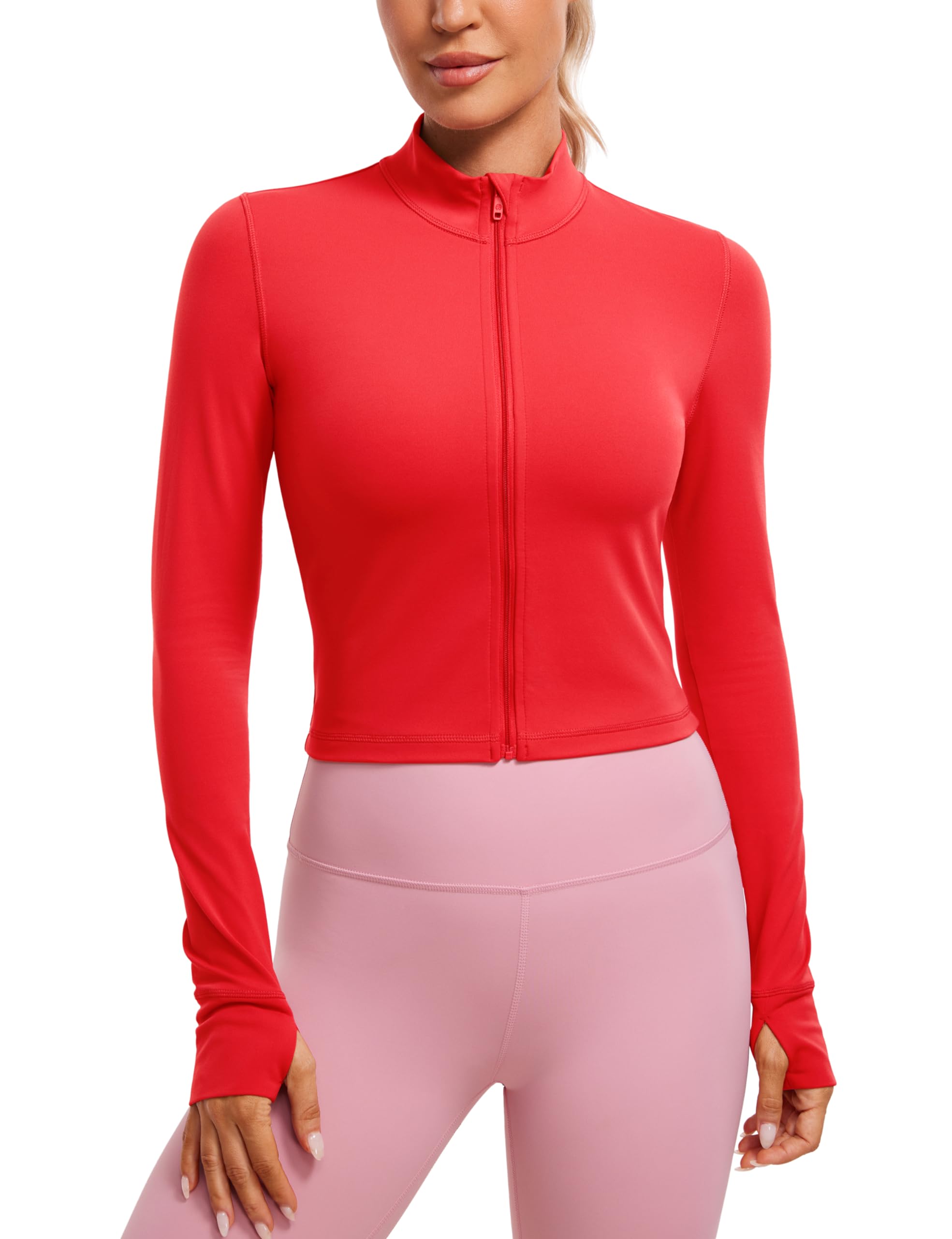 CRZ YOGAWomens Butterluxe Full Zip Cropped Workout Jacket Slim Fit Lightweight Athletic Yoga Tops with Thumb Holes
