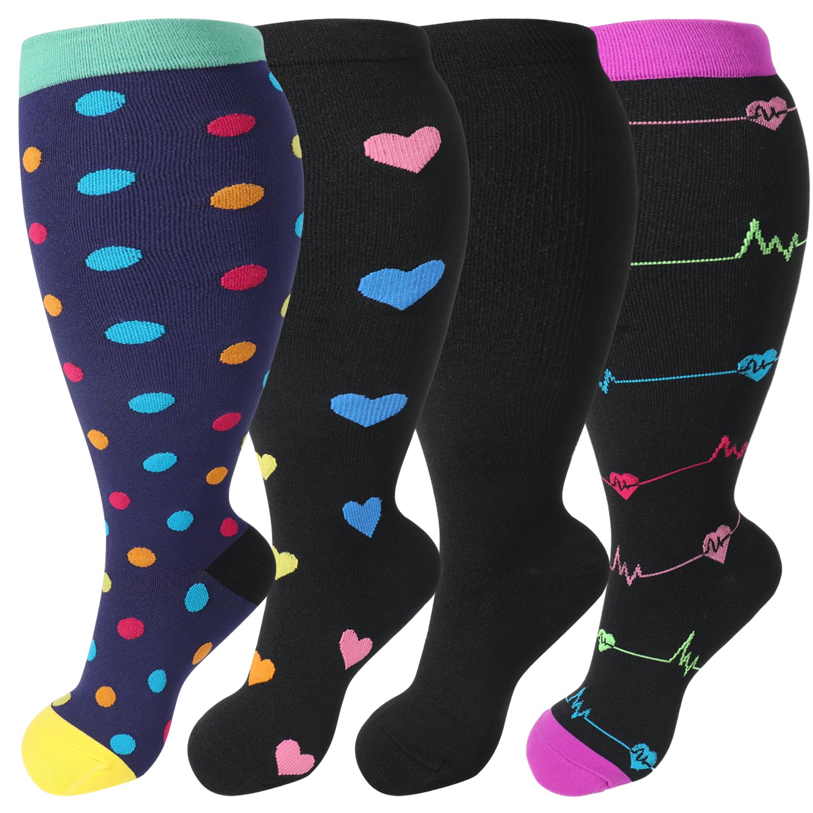Radsocken 4 works of Compression Socks for Women 2XL Plus Size Wide Calf Compression Socks for Flying Pregnancy
