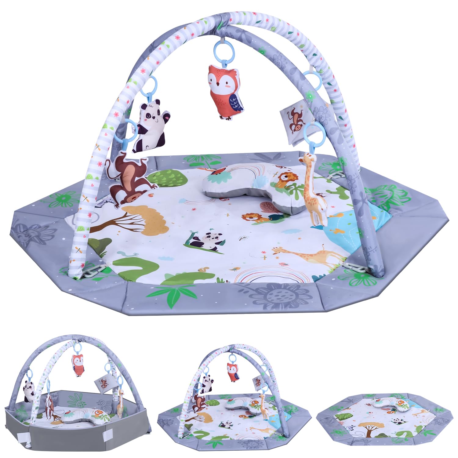 Palestrina Neonato con Arco Rimovibile, Palestrina Neonato Montessori con Cuscino per Tempo a Pancia in Giù, 5 Accessori Sensoriali Rimovibili, Lavabile e Morbido Tappetino Neonato Evolutivo