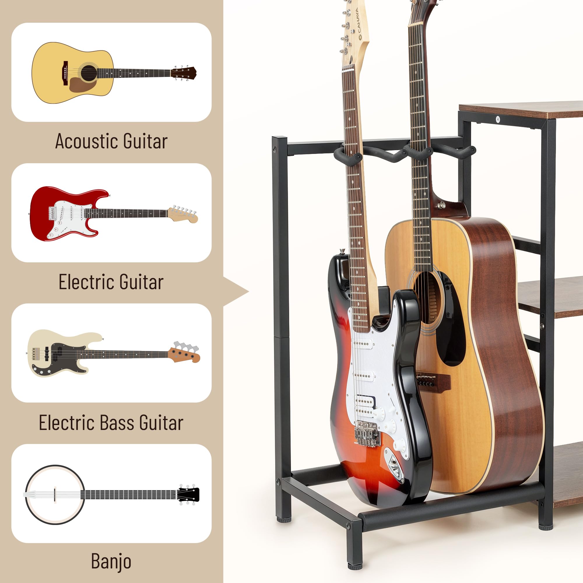 CAHAYA 4-in-1 Gitaar & Vinyl Standaard - Platenspeler, 200 LP, 2 Gitaren & Versterker Rek