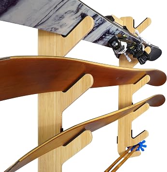Grassracks Bamboo Ski Rack - Indoor Horizontal Ski Wall Mount Hallsteiner Series - Masterfully-Crafted Premium Indoor Ski Display Wall Hanger 4 or 5 Pairs of Skis, Bamboo