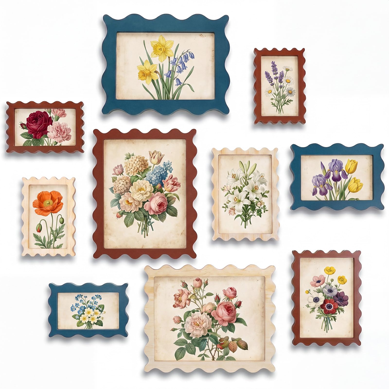 Photo 1 of Novabright 10 Pack Scalloped Picture Frames Collage Wall Decor Vintage Photo Frame Set for Mounting or Tabletop Display 8x10, 5x7, 4x6in Farmhouse Rustic Wooden Frames for Living Room Bedroom Gallery