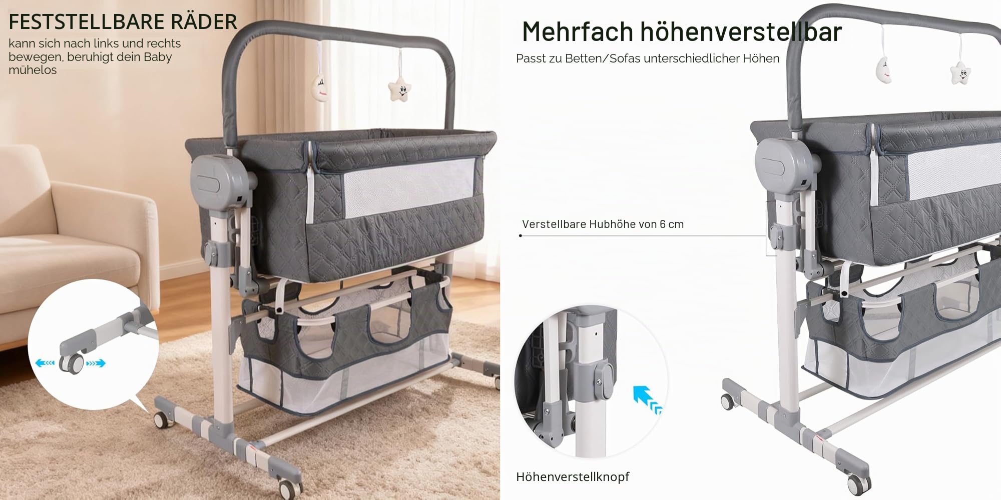 Magic ZC Elektrische Bluetooth Intelligent Beistellbett Baby mit Rollen, Faltbar Co-Sleeping Babybett, Fernbedienung und 5-schwankende Zahnräder, Stubenwagen Kleinkind Wiege mit Musik (608 Khaki)
