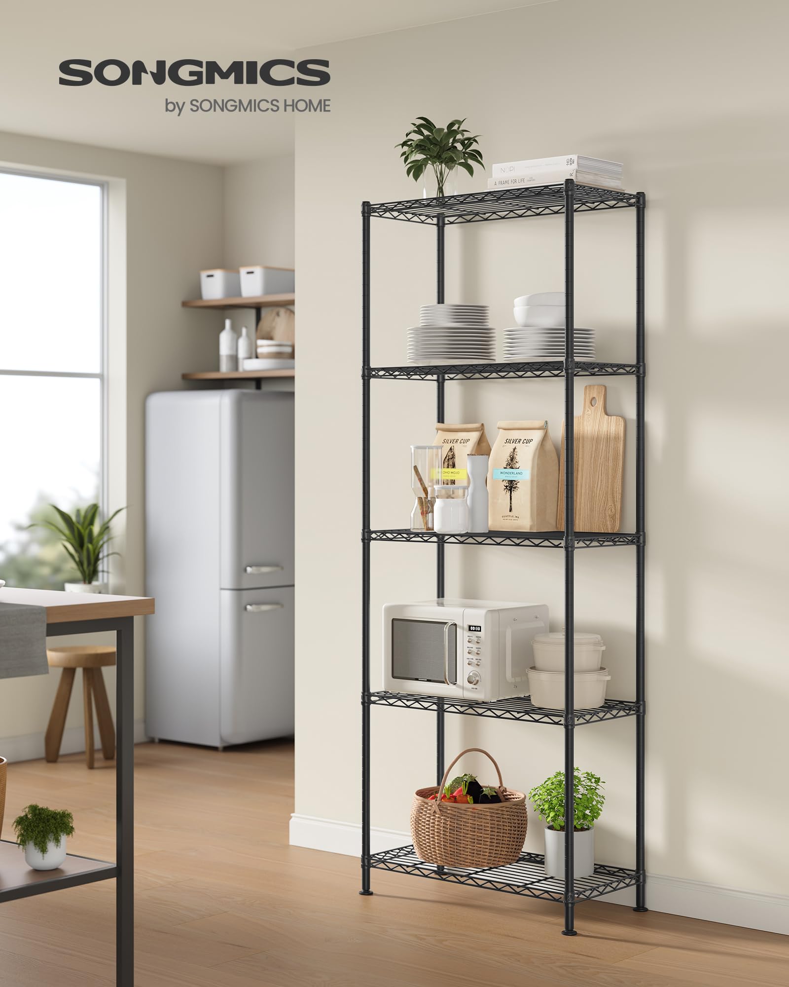 SONGMICS Regal, Metallregal, höhenverstellbare Ablagen, Aufbewahrungsregal, Standregal für Garage Schlafzimmer Wohnzimmer, 5 Ebenen, 30 x 60 x 161 cm, tintenschwarz LGR165BH01