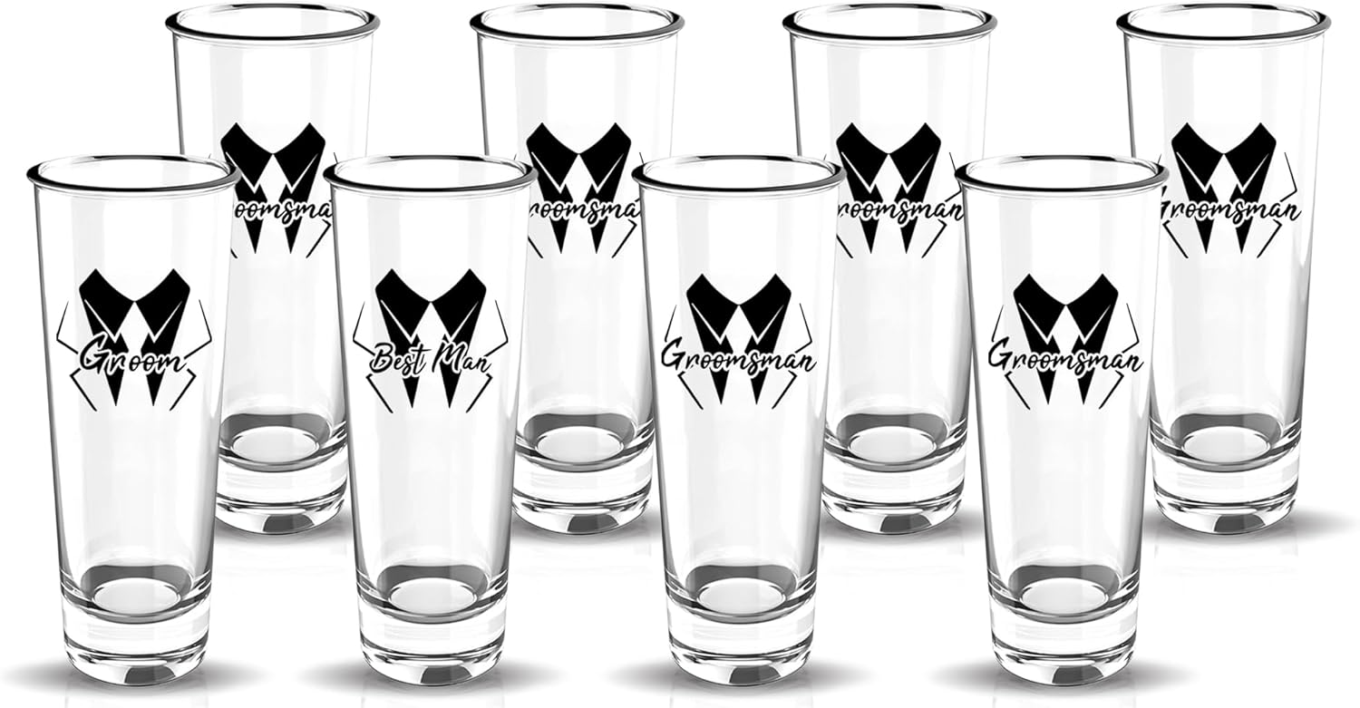 LADY&HOME Groom and Groomsmen Shot Glasses Set,Great for Bachelor Party Decorations Favors and Groomsmen Gifts,Wedding Shot Glasses,2oz Capacity,Set of 8 (Team Groom)