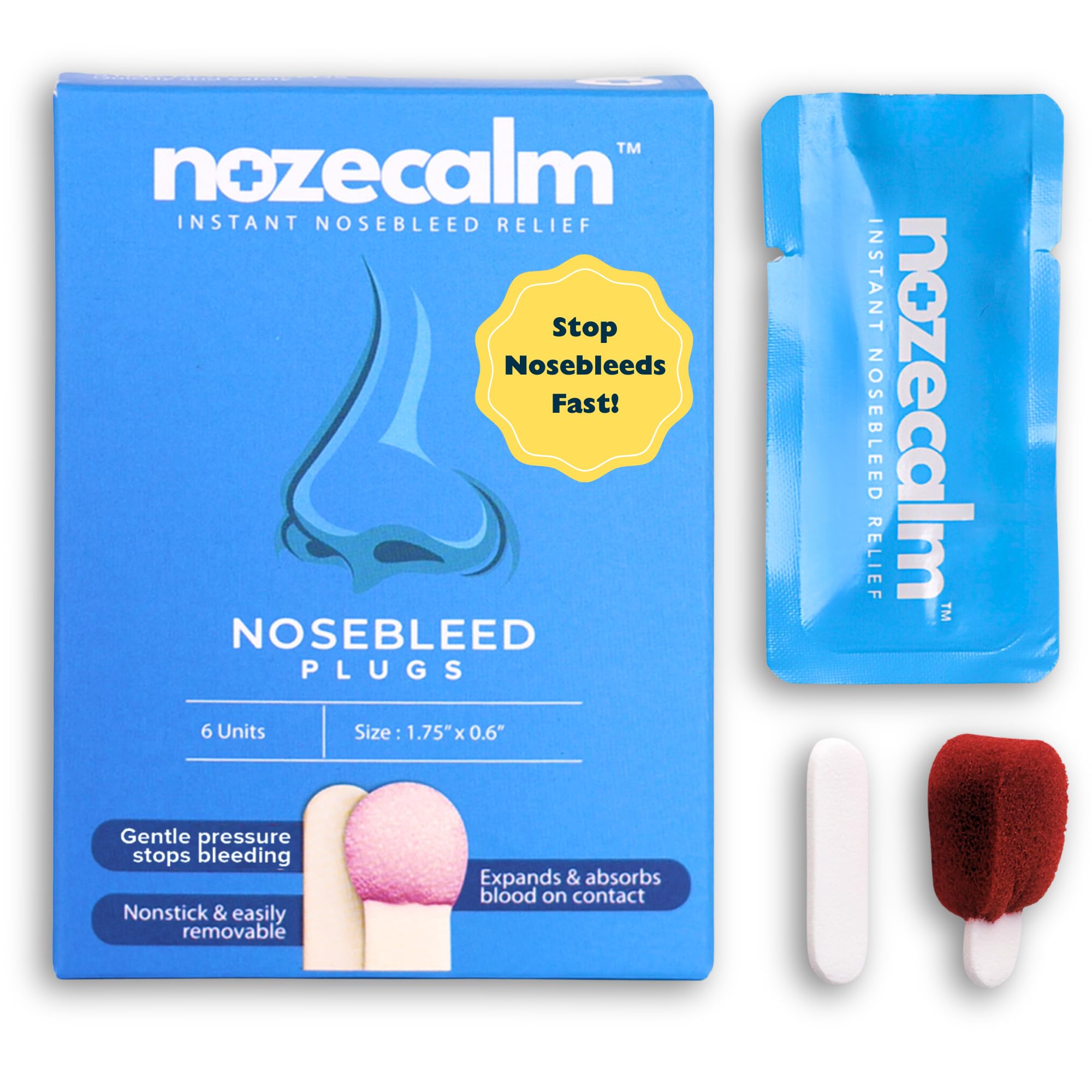 Nose Bleed Stopper - Swift-Acting Nosebleed Plugs for Kids & All Ages - Bloody Nose Stoppers with Clotting Agent - Hypoallergenic, Non-Stick, Sterile, Easy Removal & Travel Ready (6-Count)