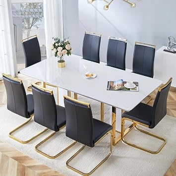 79" White Glossy Dining Table Set for 8,Thick Wood Table Top with Stainless Steel Gold Base,Gold and White Kitchen Room Table with 8 Chairs,Faux Marble Dinner Table and Chairs for Home Kitchen