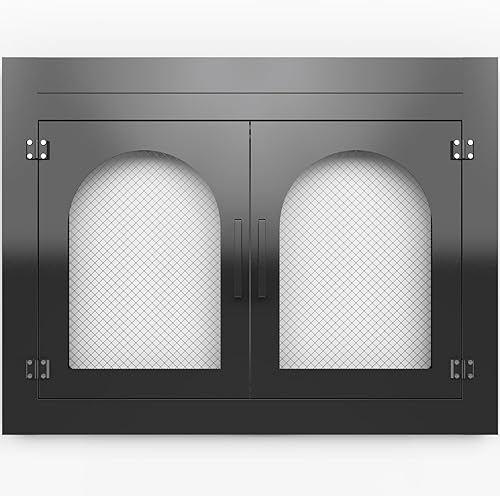 Puerta de chimenea, puertas de chimenea con pantalla y decoración de vidrio, protector de malla de hierro y paneles magnéticos, se adapta a