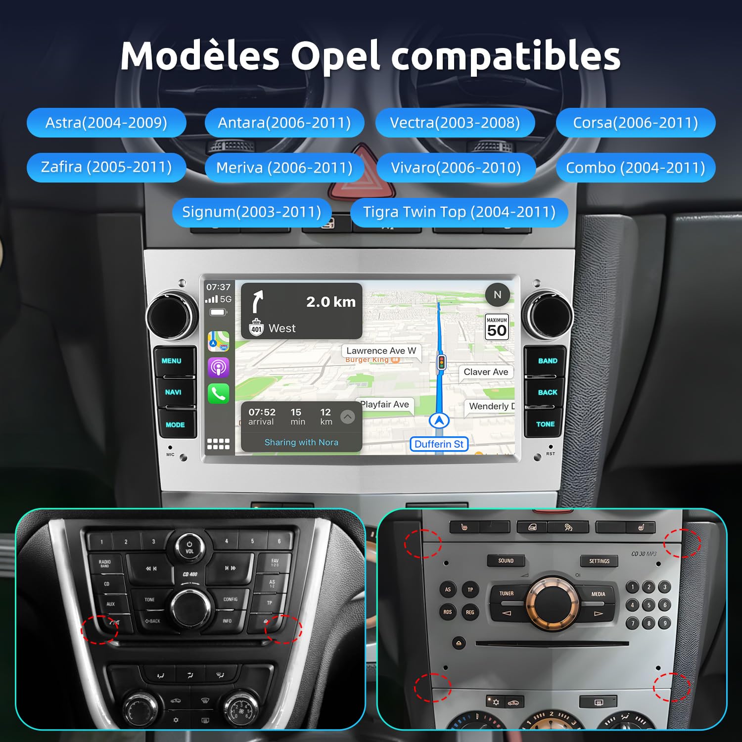 Autoradio 7" Android 15 CarPlay sans Fil pour Opel Corsa D/Astra H/Zafira B | 4Go RAM + 64Go ROM, Android Auto Sans Fil, GPS, WiFi, Bluetooth, Commandes au Volant