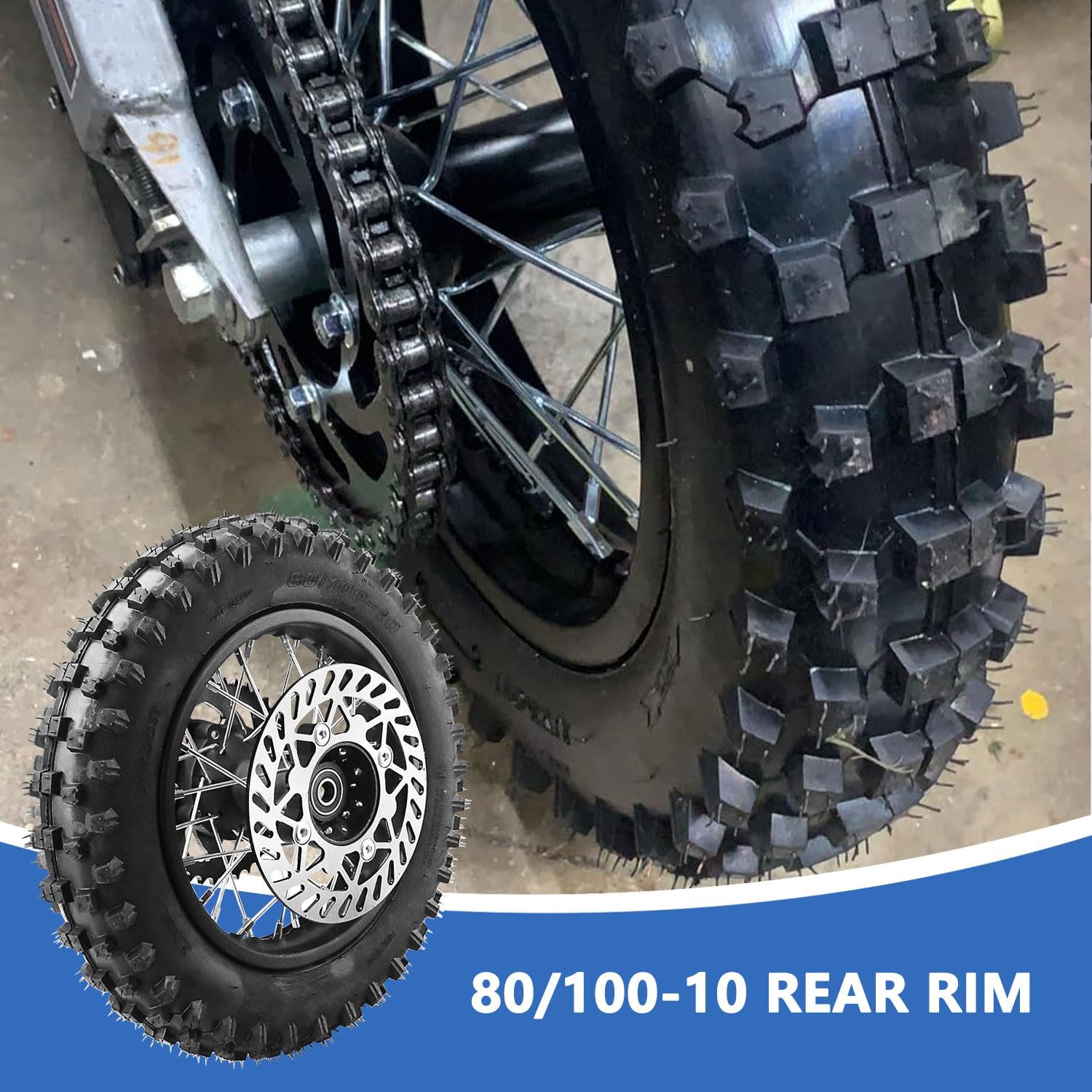 3.00-10 80/100-10 Dirt Bike Rear Rim Wheel Tire With 15mm Bearing 190mm Brake Disc And 420 41T Rear Chain Sprocket For 50cc 70cc 90cc 110cc 125cc SSR CRF XR Apollo Pit Bike Mini Motorcycle