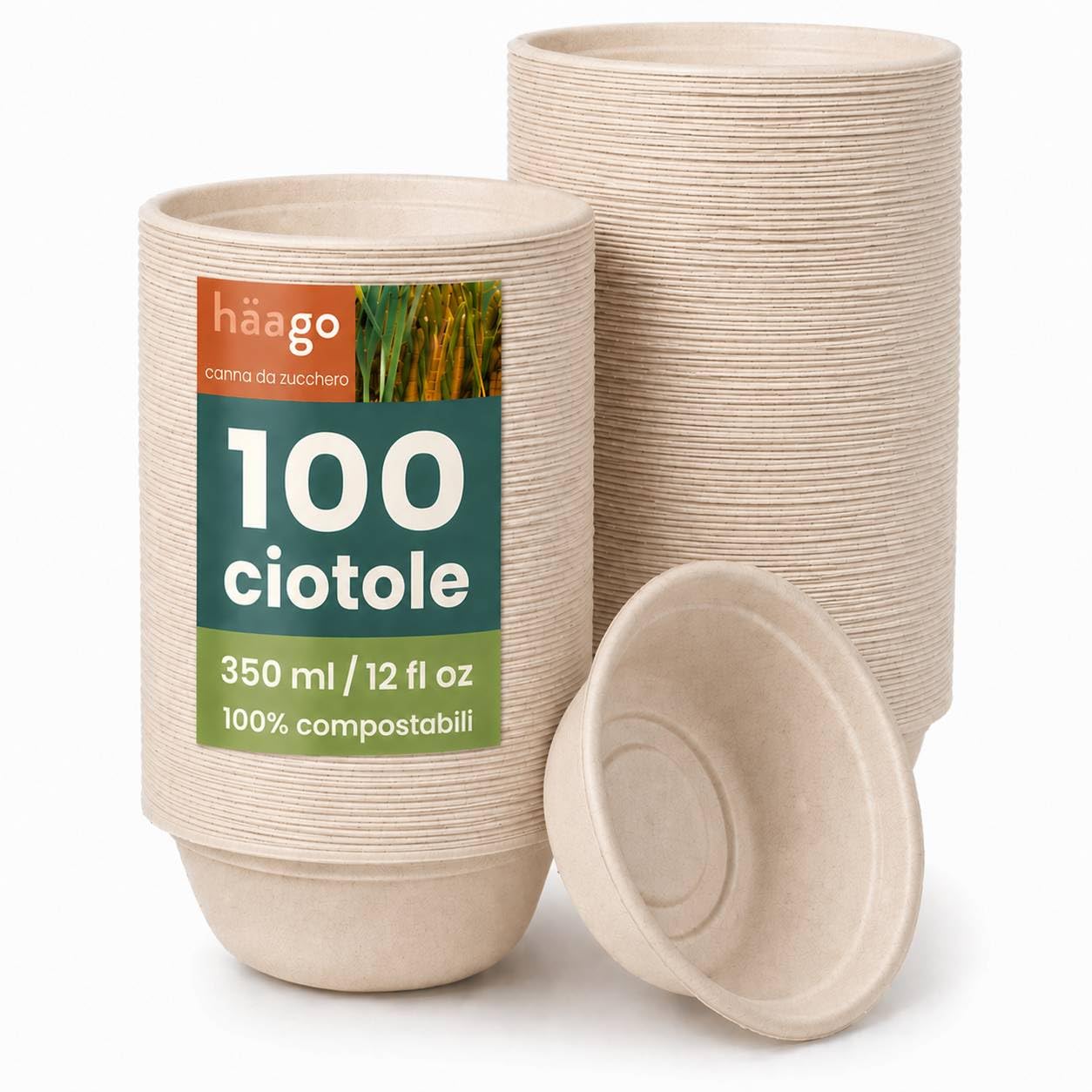 HAAGO 100 Ciotole in Canna da Zucchero 350 ml / 12 oz – Compostabili Monouso, Resistenti a Perdite e Grasso, Usa e Getta per Feste, Zuppe, Dessert, Gelato e Catering