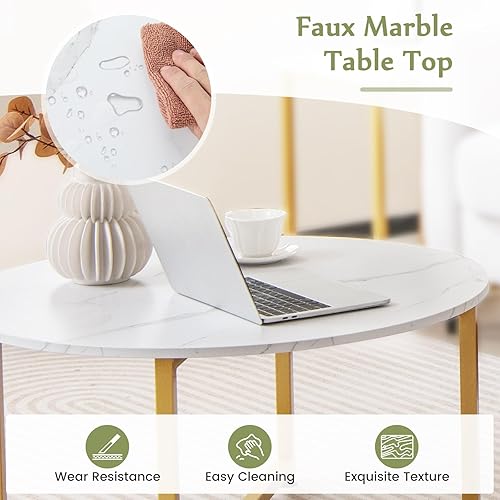 Miniatura 5 de COSTWAY Juego de 3 mesas auxiliares redondas de imitación de mármol y 2 mesas auxiliares cuadradas con marco de metal, moderno juego de mesas de