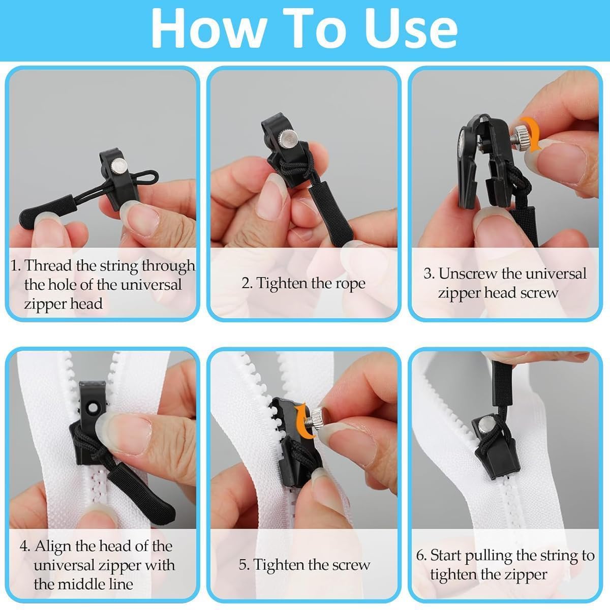 PEIPUS Universal Zipper Repairer,Black Fix Zip Puller,Mini Adjustable Zipper Restorer,Zip Slider Repair Instant Kit,Zipper Repair Replacement Head for Coats, Jacket, Luggage, Zippers Fasteners (6) 2