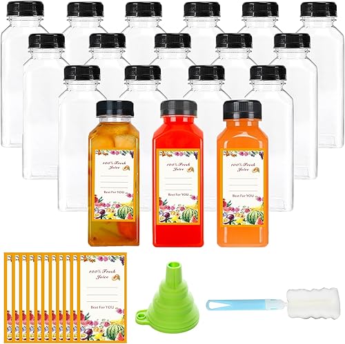 Paquete de 18 botellas de plástico de 12 onzas con tapas, etiquetas, cepillo y embudo de silicona, recipientes reutilizables para bebidas