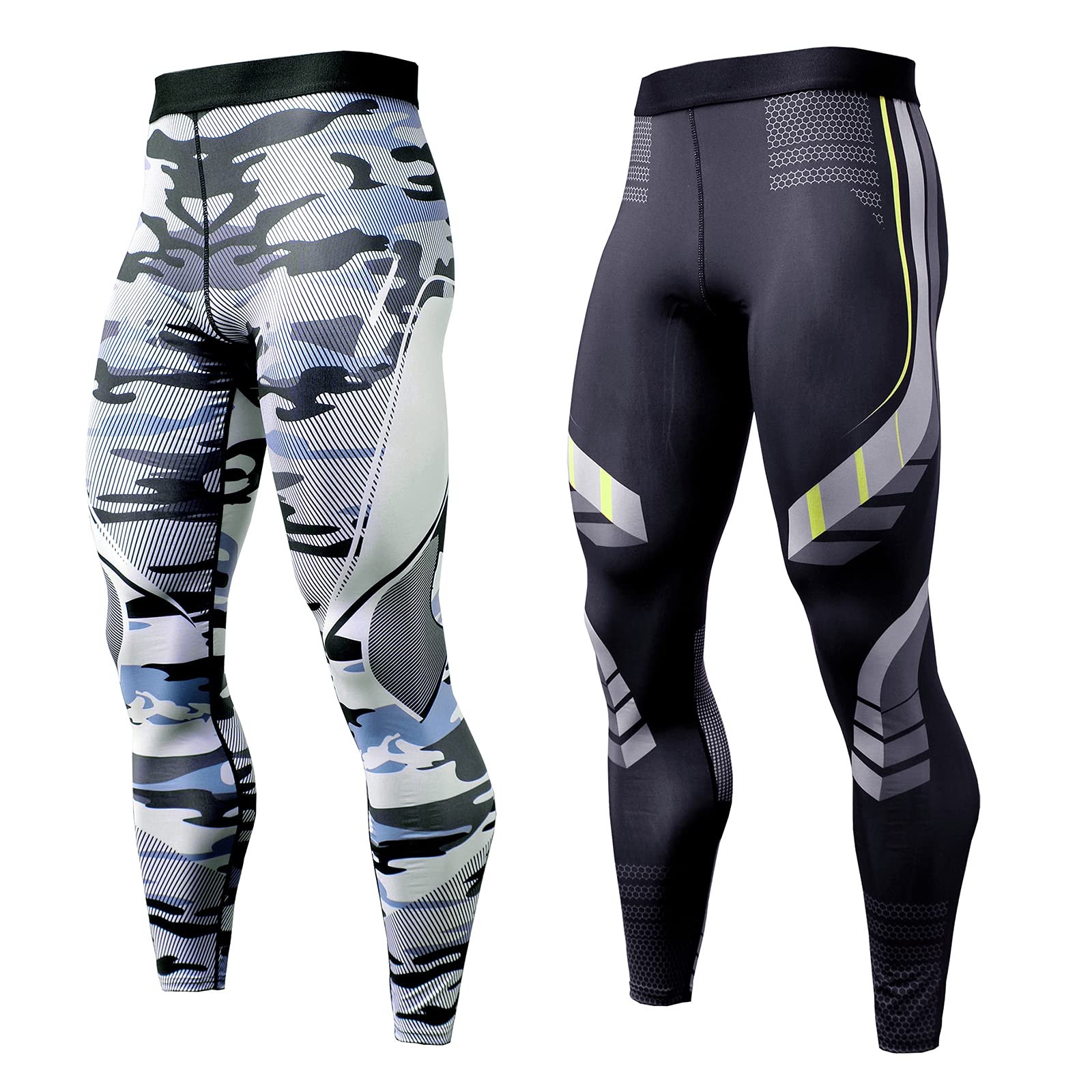Oebld Men's Black+Grey Camo Compression Pants Uv Blocking Running Tights 1 Or 2 Pack Gym Yoga Leggings For Athletic Workout, Large