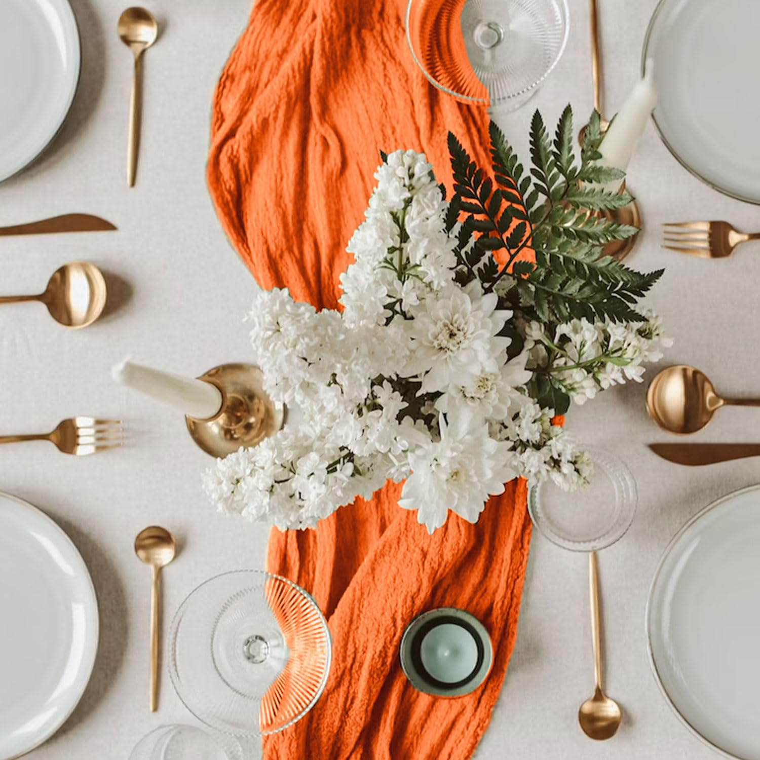 FANPROMS Paquete de 6 caminos de mesa de gasa de color naranja de 10 pies de largo, estilo bohemio, para mesas de café y pasteles, camino de mesa de 304 cm de largo, color naranja quemado para